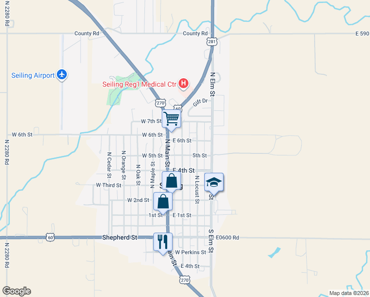 map of restaurants, bars, coffee shops, grocery stores, and more near 409 North Walnut Street in Seiling