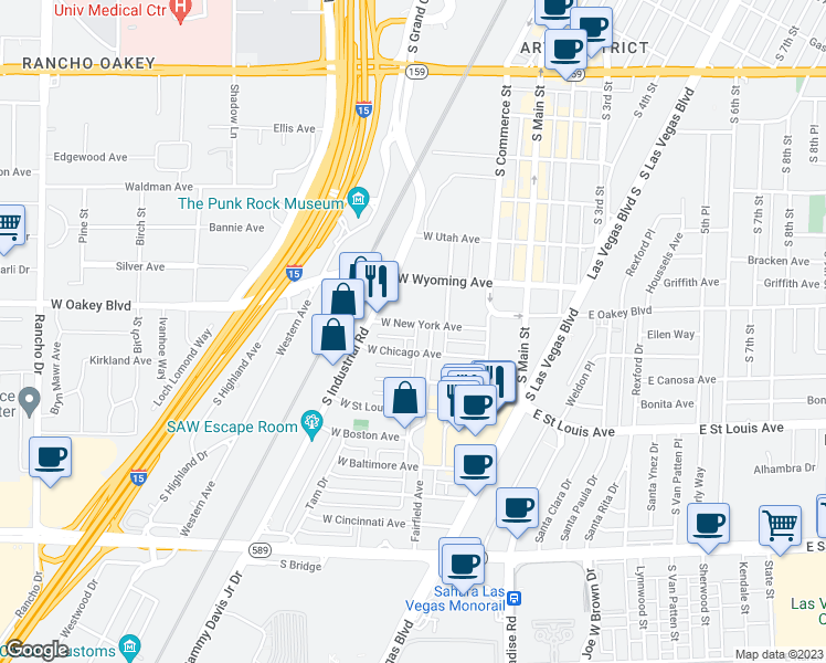 map of restaurants, bars, coffee shops, grocery stores, and more near 213 West New York Avenue in Las Vegas