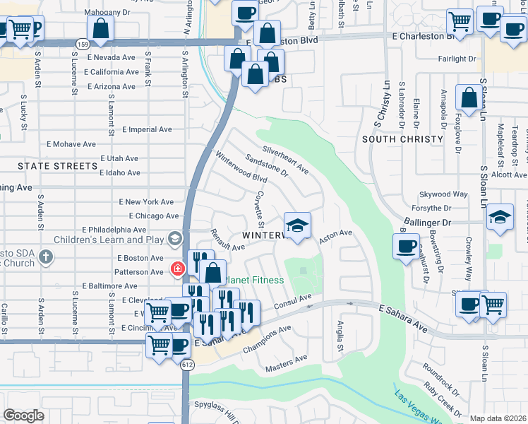 map of restaurants, bars, coffee shops, grocery stores, and more near 5286 El Dorado Way in Las Vegas