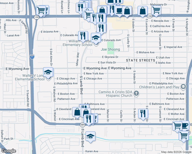 map of restaurants, bars, coffee shops, grocery stores, and more near 4340 East Philadelphia Avenue in Las Vegas