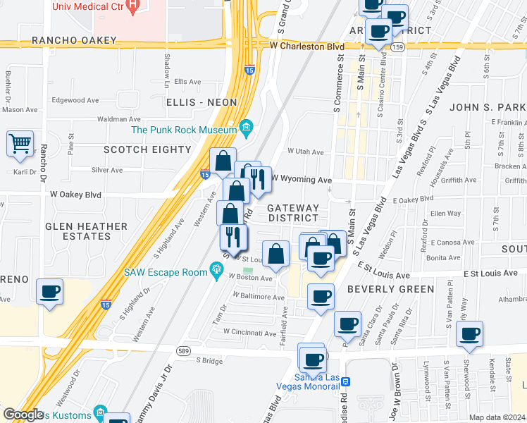map of restaurants, bars, coffee shops, grocery stores, and more near 233 West Chicago Avenue in Las Vegas