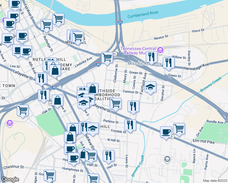 map of restaurants, bars, coffee shops, grocery stores, and more near 648 Claiborne Street in Nashville