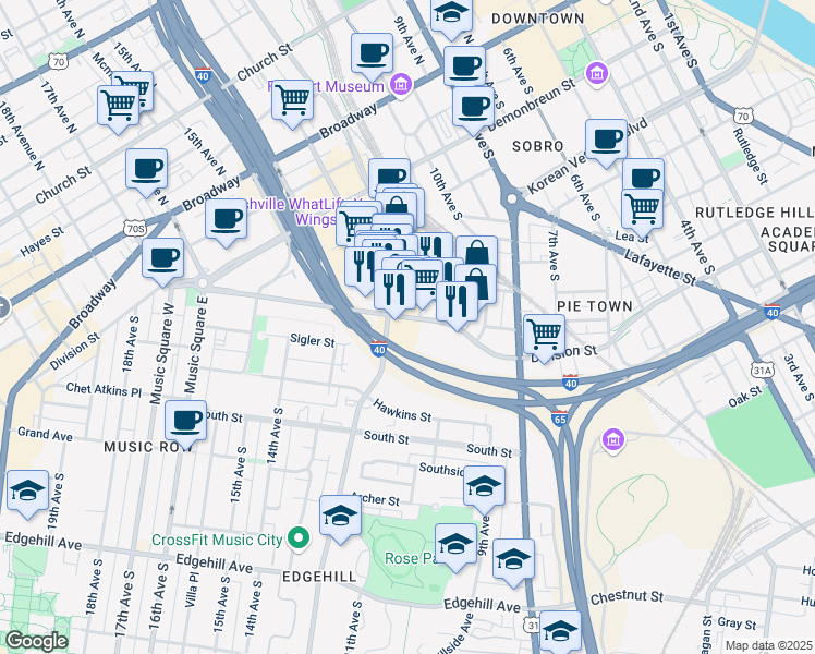 map of restaurants, bars, coffee shops, grocery stores, and more near 700 12th Avenue South in Nashville