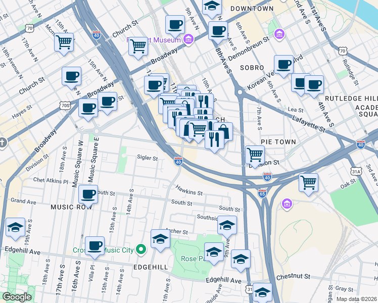 map of restaurants, bars, coffee shops, grocery stores, and more near 700 12th Avenue South in Nashville