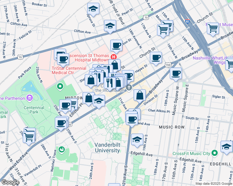 map of restaurants, bars, coffee shops, grocery stores, and more near 2100 West End Avenue in Nashville