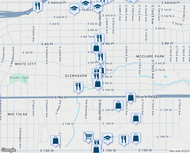 map of restaurants, bars, coffee shops, grocery stores, and more near 6335 E 9th St East Avenue in Tulsa
