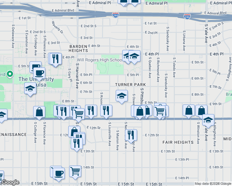 map of restaurants, bars, coffee shops, grocery stores, and more near 803 South Louisville Avenue in Tulsa
