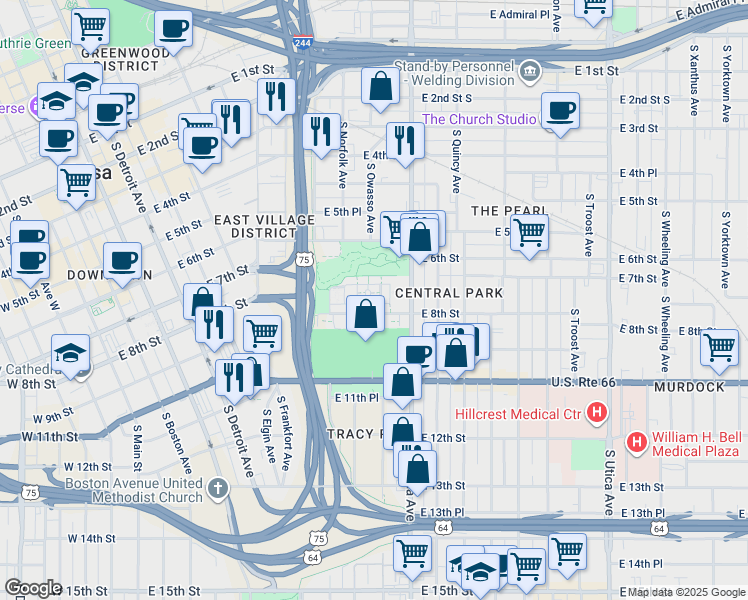 map of restaurants, bars, coffee shops, grocery stores, and more near 1120 East 8th Street in Tulsa