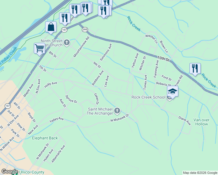 map of restaurants, bars, coffee shops, grocery stores, and more near 1071 7th Street in Erwin