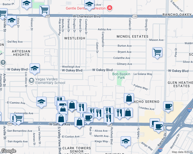 map of restaurants, bars, coffee shops, grocery stores, and more near 1801 Plaza De Cordero in Las Vegas