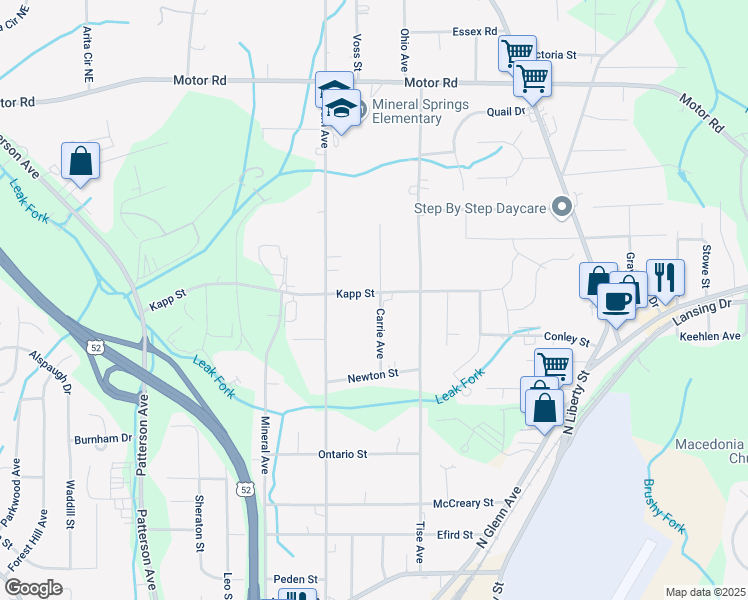 map of restaurants, bars, coffee shops, grocery stores, and more near 650 Kapp Street in Winston-Salem