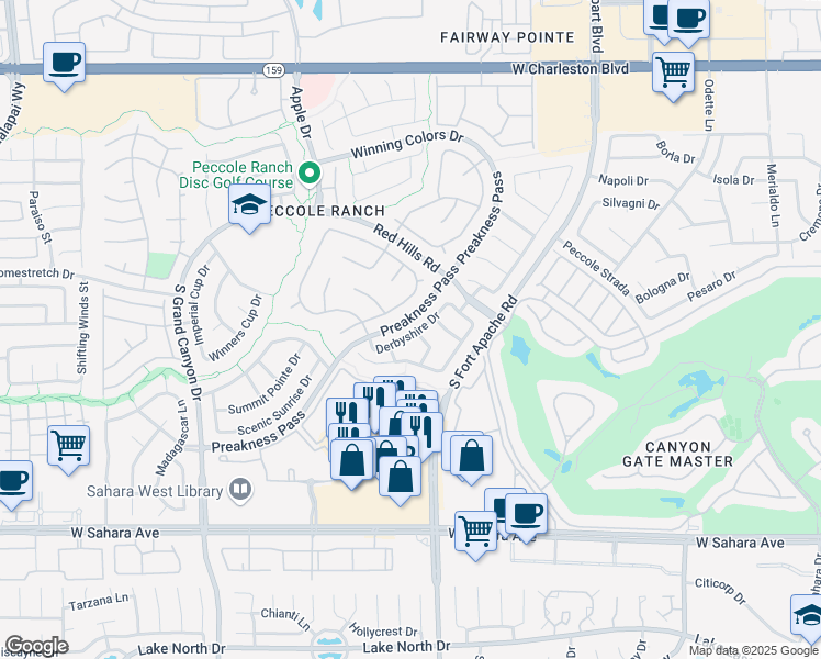 map of restaurants, bars, coffee shops, grocery stores, and more near 1825 Derbyshire Drive in Las Vegas