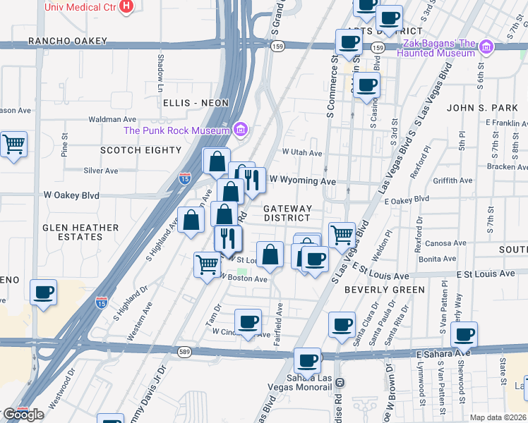 map of restaurants, bars, coffee shops, grocery stores, and more near 229 West New York Avenue in Las Vegas