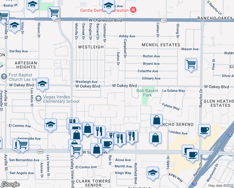 map of restaurants, bars, coffee shops, grocery stores, and more near 1801 Plaza De Cordero in Las Vegas