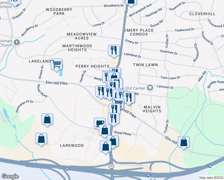 map of restaurants, bars, coffee shops, grocery stores, and more near Donelson Pike & Allen Rd in Nashville