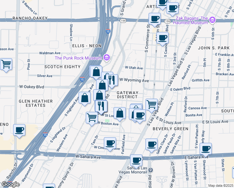 map of restaurants, bars, coffee shops, grocery stores, and more near 229 West New York Avenue in Las Vegas