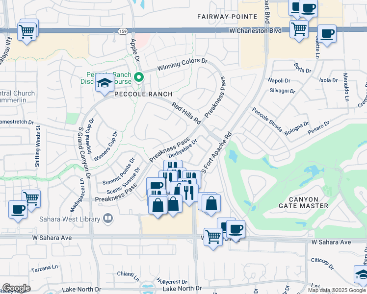 map of restaurants, bars, coffee shops, grocery stores, and more near 1825 Derbyshire Drive in Las Vegas