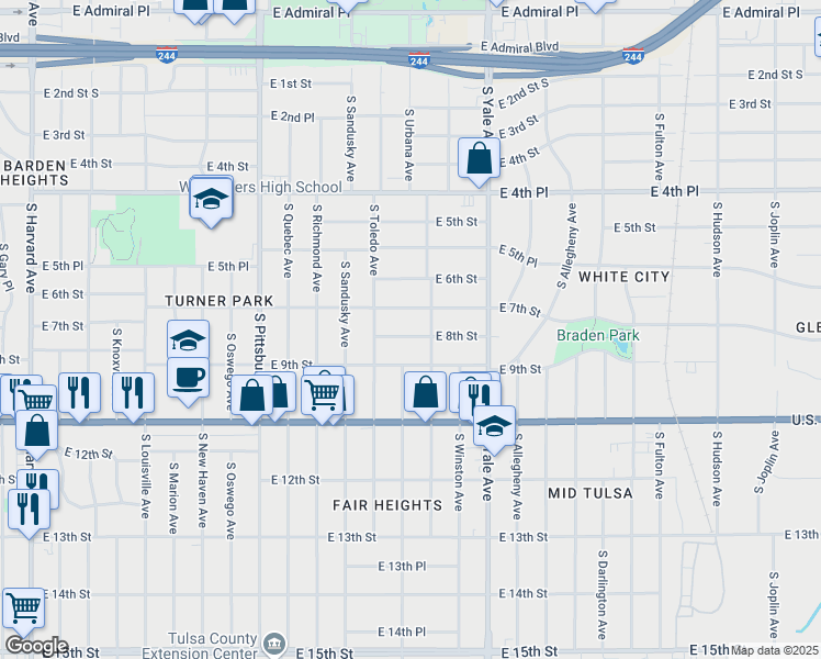 map of restaurants, bars, coffee shops, grocery stores, and more near 4531 East 8th Street in Tulsa