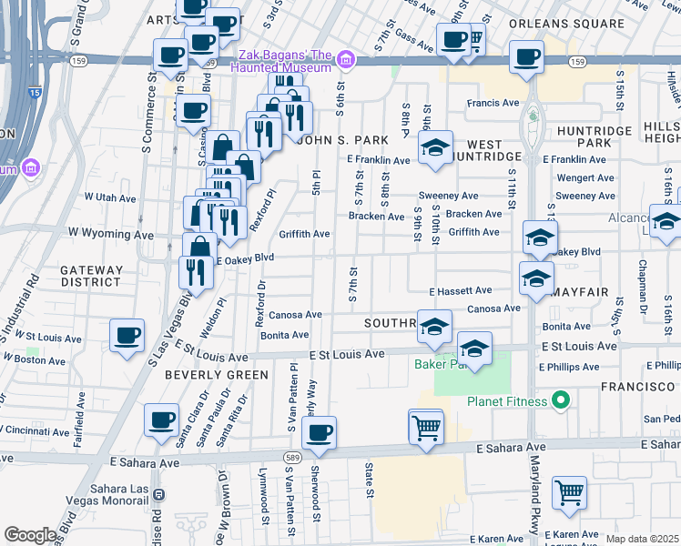 map of restaurants, bars, coffee shops, grocery stores, and more near 1709 South 6th Street in Las Vegas