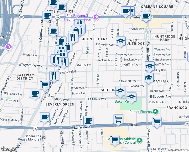 map of restaurants, bars, coffee shops, grocery stores, and more near 1709 South 6th Street in Las Vegas