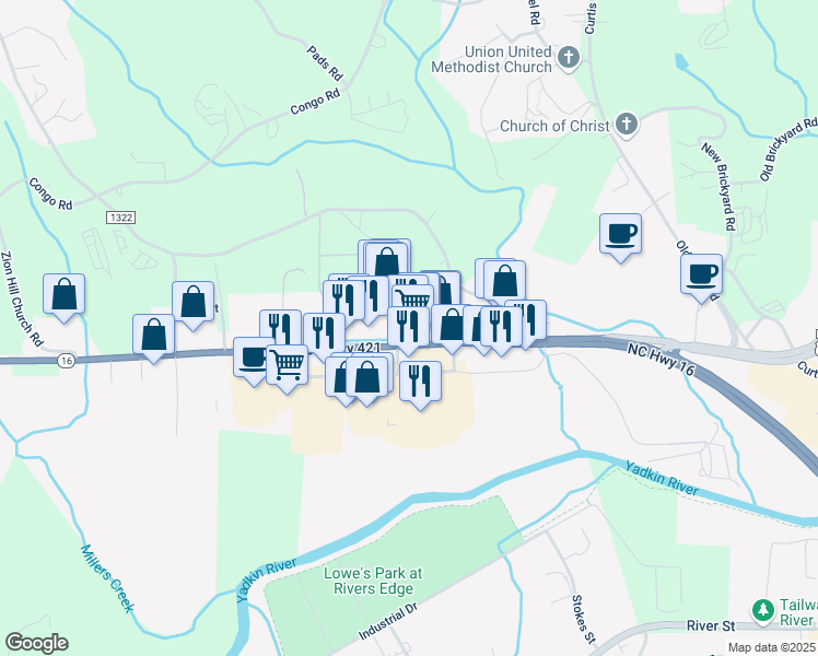 map of restaurants, bars, coffee shops, grocery stores, and more near U.S. 421 in Wilkesboro