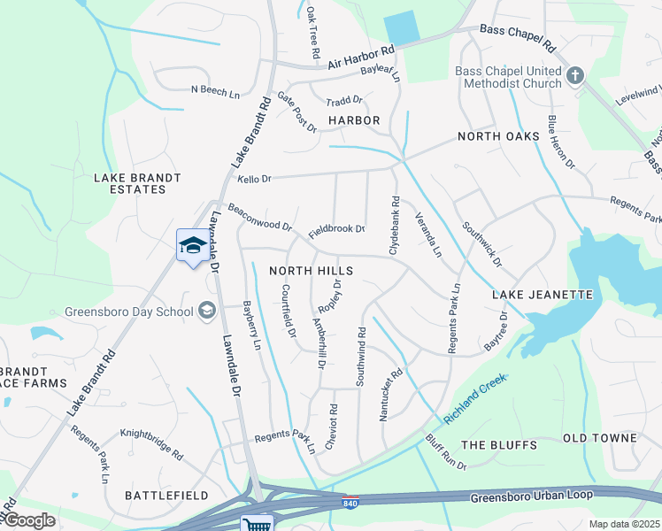 map of restaurants, bars, coffee shops, grocery stores, and more near 2802 Beaconwood Drive in Greensboro