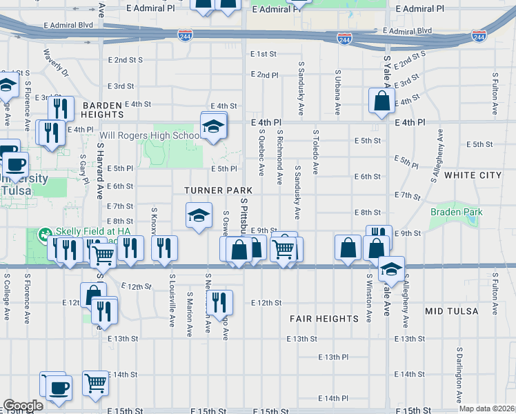 map of restaurants, bars, coffee shops, grocery stores, and more near 4107 East 7th Street in Tulsa