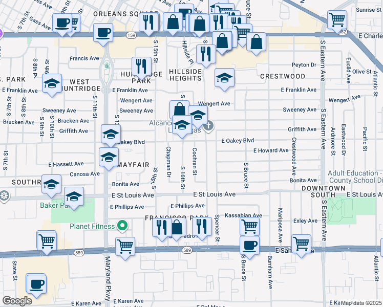 map of restaurants, bars, coffee shops, grocery stores, and more near 1716 Cochran Street in Las Vegas