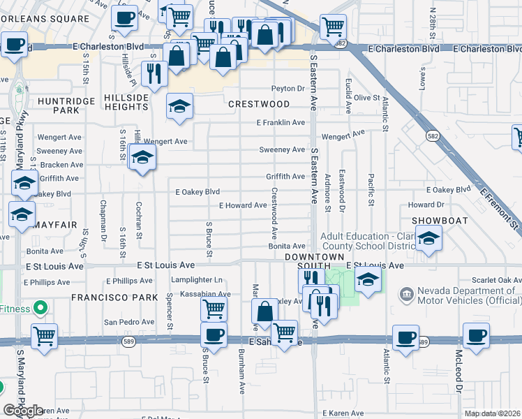 map of restaurants, bars, coffee shops, grocery stores, and more near 1924 East Oakey Boulevard in Las Vegas