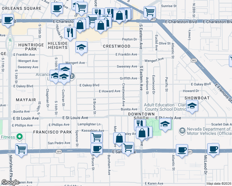 map of restaurants, bars, coffee shops, grocery stores, and more near 1924 East Oakey Boulevard in Las Vegas