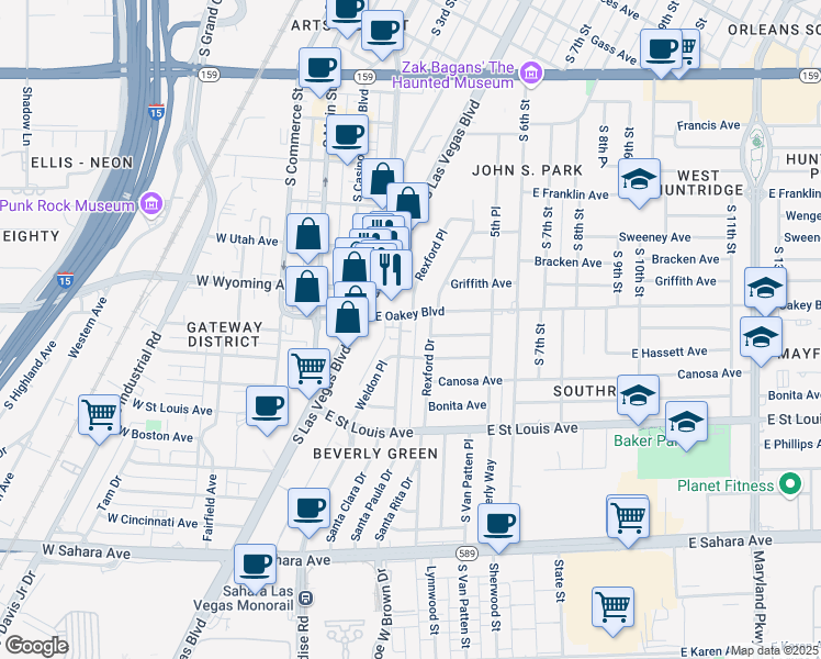 map of restaurants, bars, coffee shops, grocery stores, and more near 1612 Rexford Place in Las Vegas