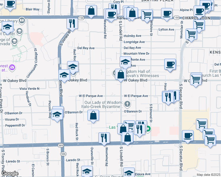 map of restaurants, bars, coffee shops, grocery stores, and more near 5585 West Oakey Boulevard in Las Vegas