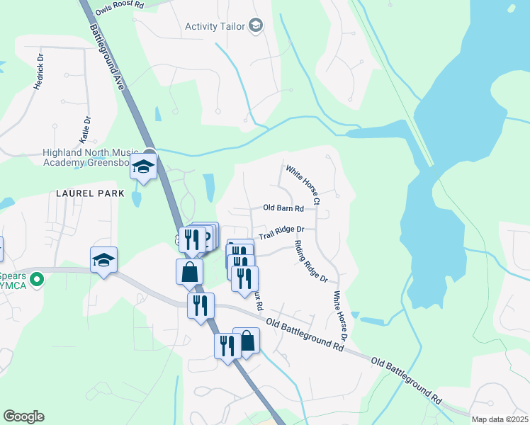 map of restaurants, bars, coffee shops, grocery stores, and more near 3411 Old Barn Road in Greensboro
