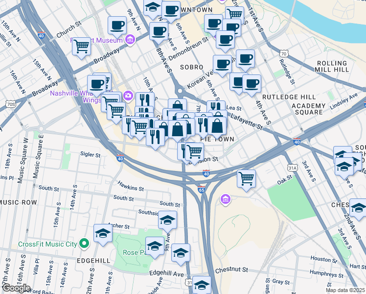 map of restaurants, bars, coffee shops, grocery stores, and more near 603 U.S. 31 in Nashville