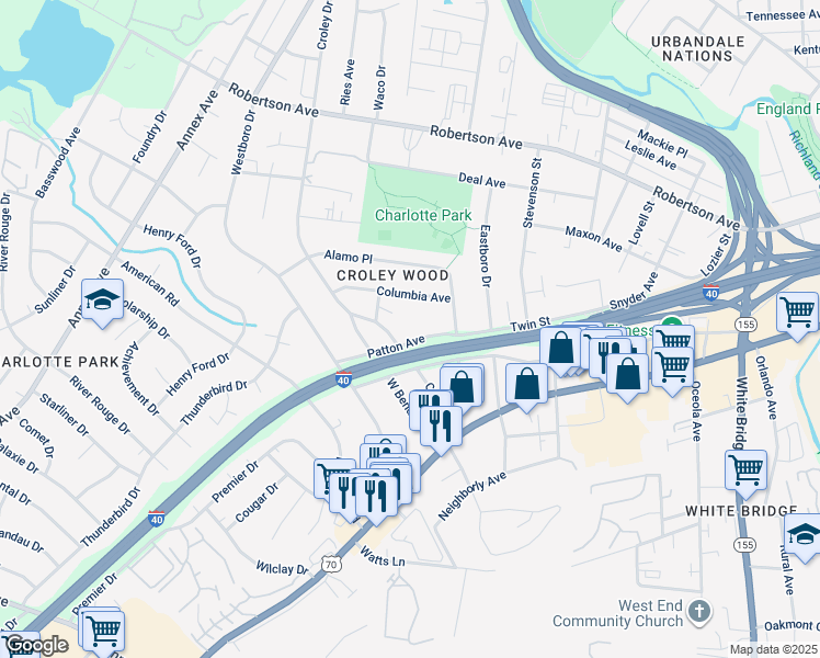 map of restaurants, bars, coffee shops, grocery stores, and more near 6335 Columbia Avenue in Nashville