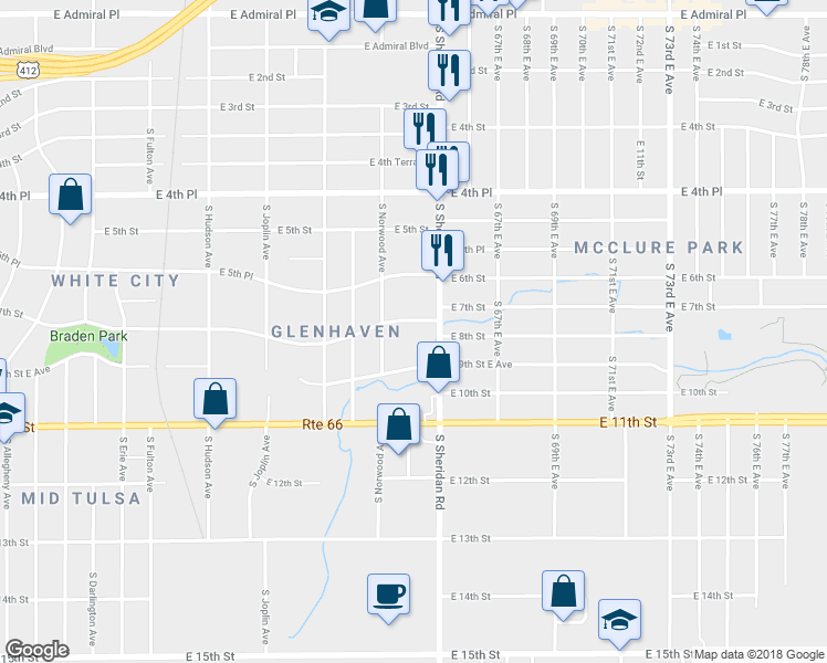 map of restaurants, bars, coffee shops, grocery stores, and more near 6327 East 7th Street in Tulsa