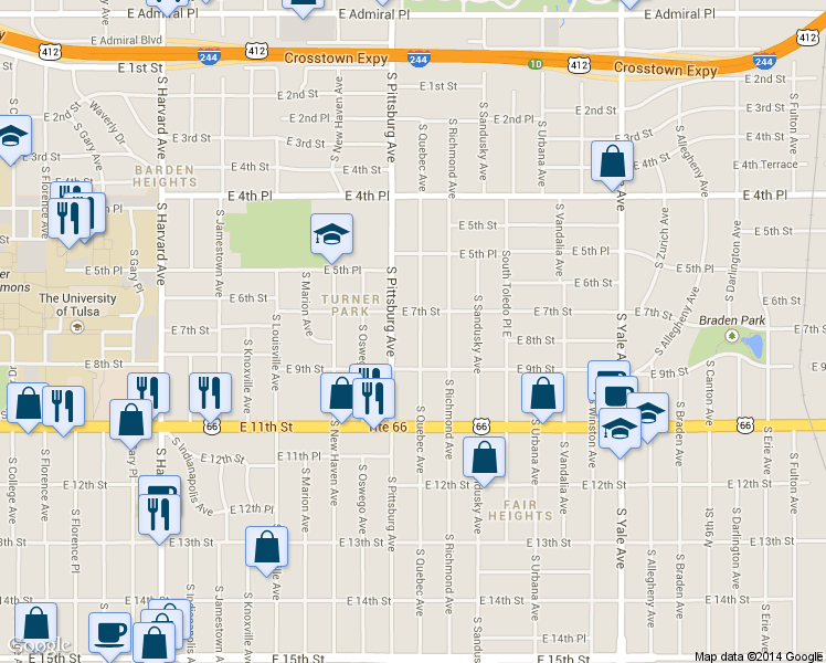 map of restaurants, bars, coffee shops, grocery stores, and more near 4107 East 7th Street in Tulsa