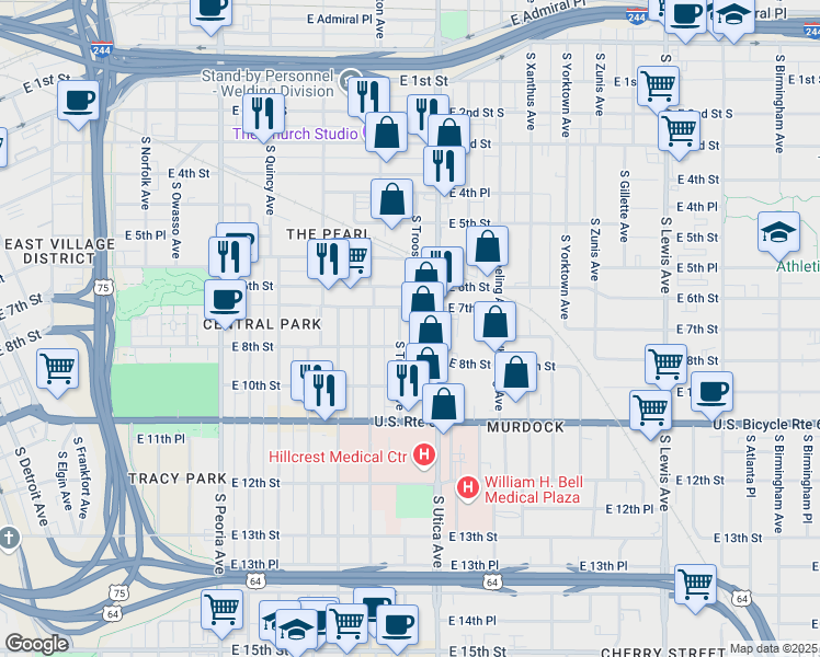 map of restaurants, bars, coffee shops, grocery stores, and more near 1623 East 7th Street in Tulsa
