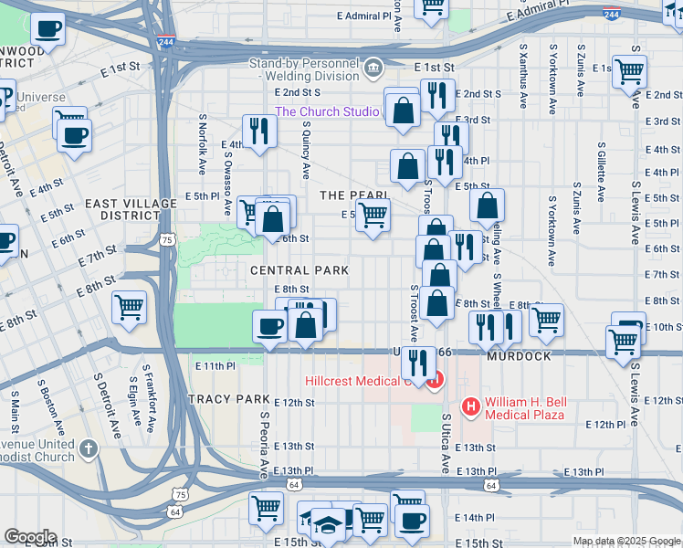 map of restaurants, bars, coffee shops, grocery stores, and more near 1507 East 7th Street in Tulsa