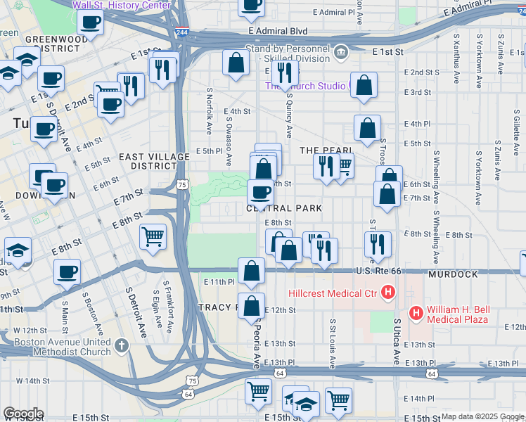 map of restaurants, bars, coffee shops, grocery stores, and more near in Tulsa