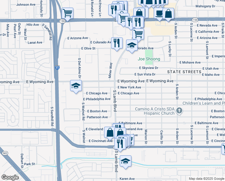 map of restaurants, bars, coffee shops, grocery stores, and more near 1892 Miner Way in Las Vegas