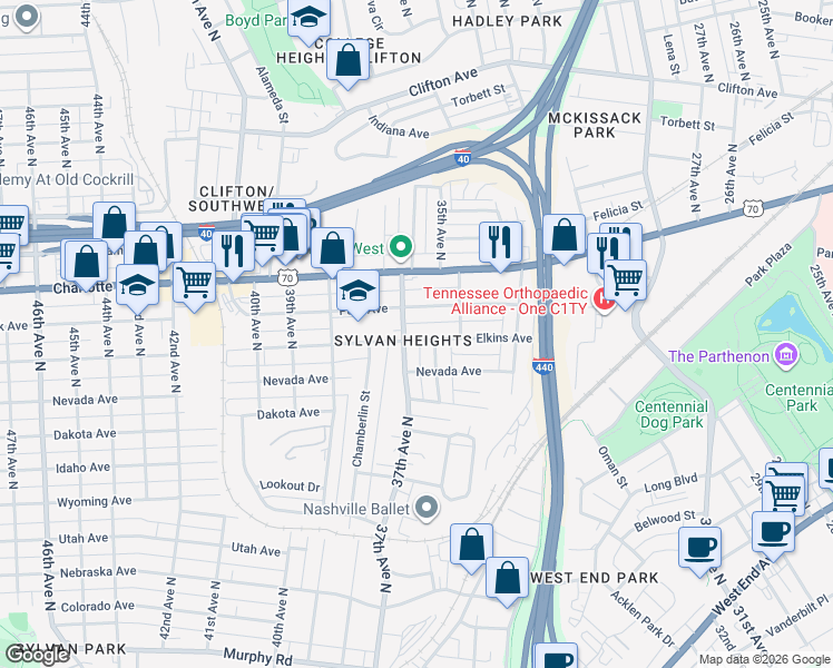 map of restaurants, bars, coffee shops, grocery stores, and more near 3517 Park Avenue in Nashville