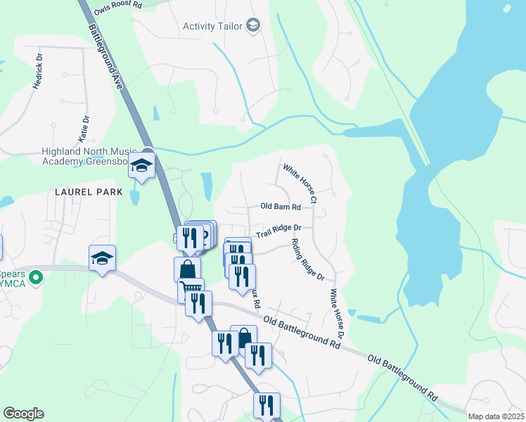 map of restaurants, bars, coffee shops, grocery stores, and more near 3411 Old Barn Road in Greensboro