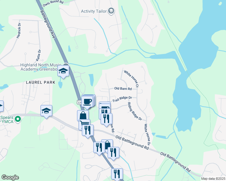map of restaurants, bars, coffee shops, grocery stores, and more near 5210 Michaux Road in Greensboro