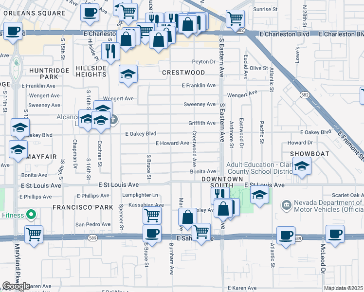 map of restaurants, bars, coffee shops, grocery stores, and more near 1924 East Oakey Boulevard in Las Vegas