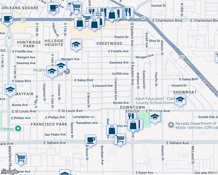 map of restaurants, bars, coffee shops, grocery stores, and more near 1916 Howard Avenue in Las Vegas