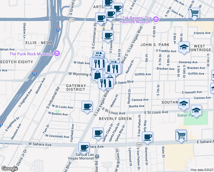 map of restaurants, bars, coffee shops, grocery stores, and more near 1621 South Main Street in Las Vegas