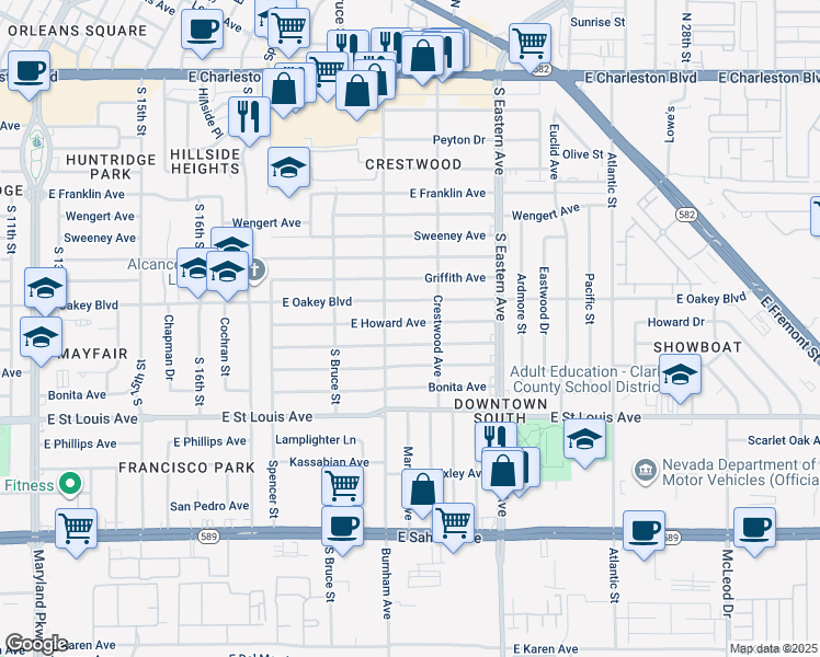 map of restaurants, bars, coffee shops, grocery stores, and more near 1916 Howard Avenue in Las Vegas