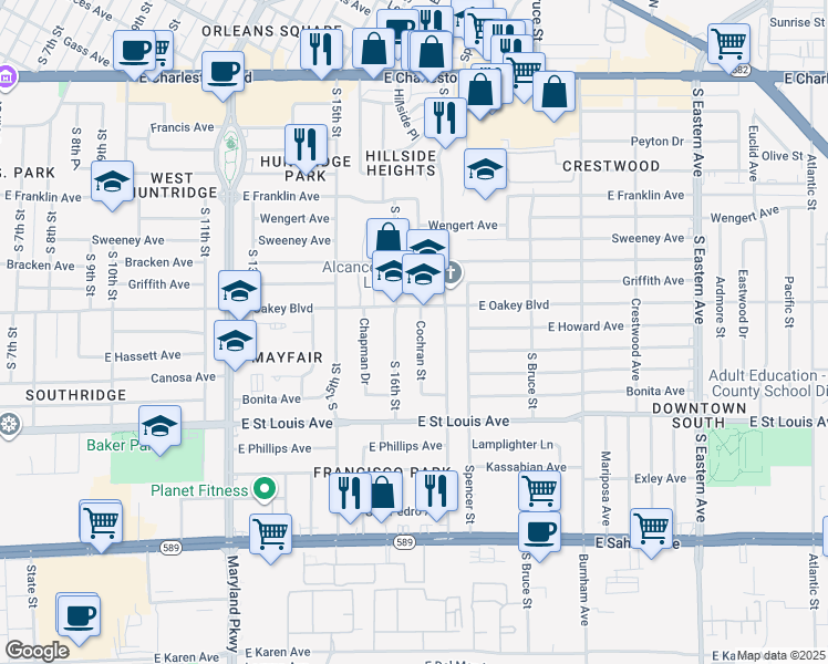 map of restaurants, bars, coffee shops, grocery stores, and more near 1716 Cochran Street in Las Vegas