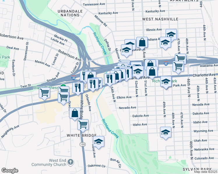 map of restaurants, bars, coffee shops, grocery stores, and more near 5418 Charlotte Avenue in Nashville